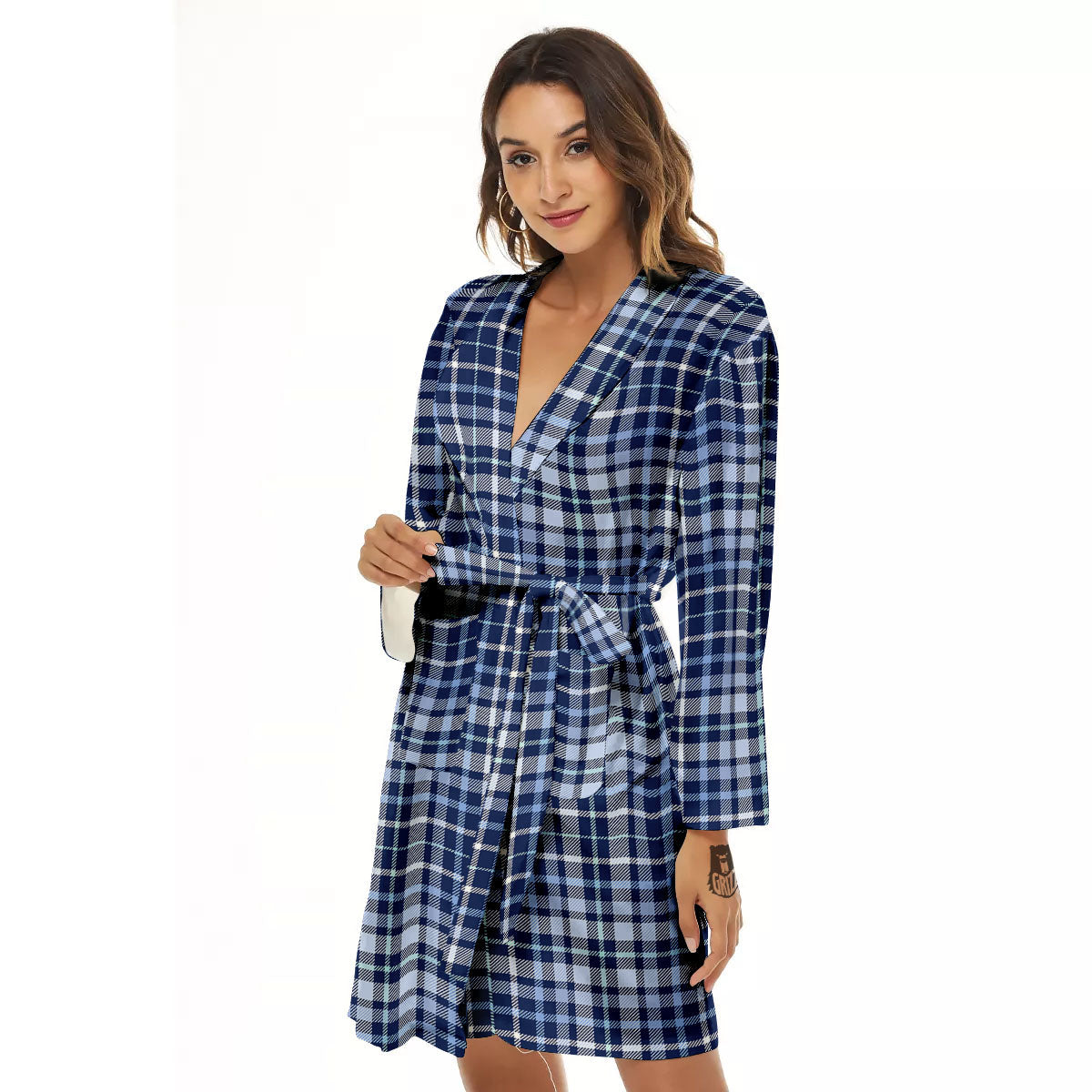Border Tartan Blue Print Pattern Women's Robe-grizzshop