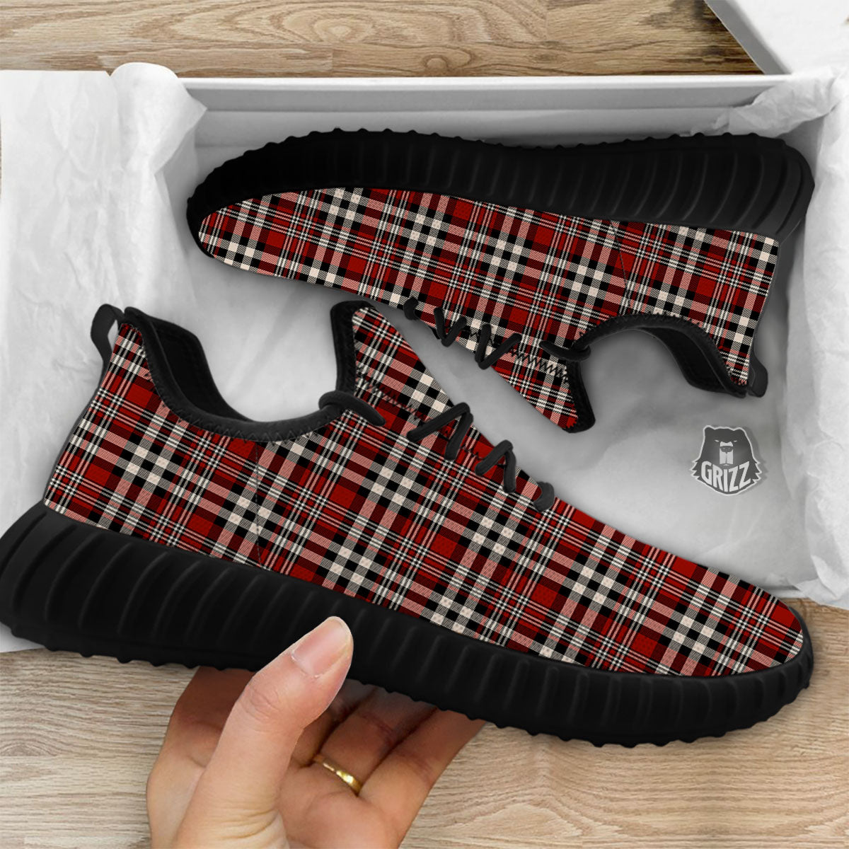 Border Tartan Red Black And White Print Pattern Black Walking Shoes-grizzshop