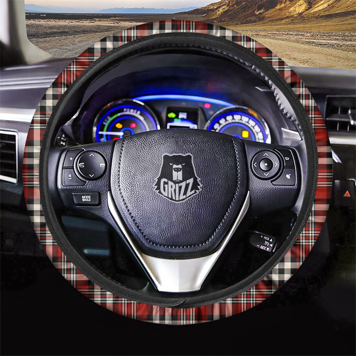 Border Tartan Red Black And White Print Pattern Car Steering Wheel Cover-grizzshop