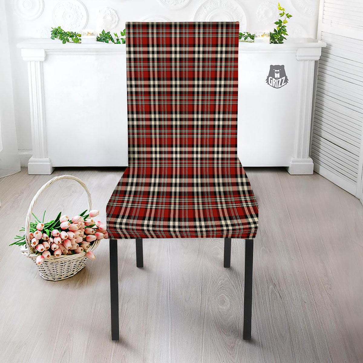 Border Tartan Red Black And White Print Pattern Dining Chair Slipcover-grizzshop