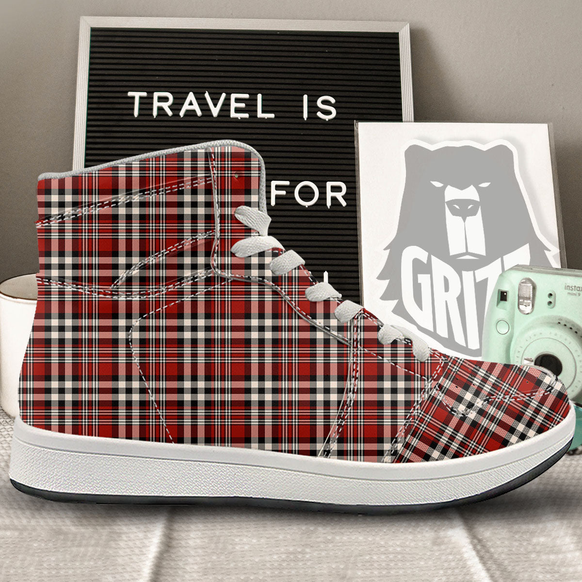 Border Tartan Red Black And White Print Pattern High Top Sneakers-grizzshop