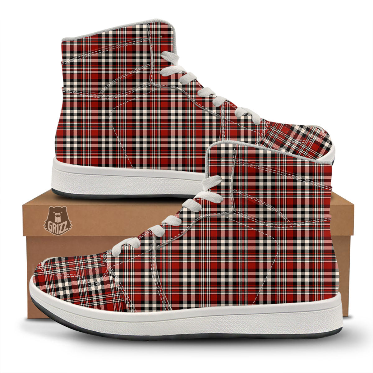 Border Tartan Red Black And White Print Pattern High Top Sneakers-grizzshop