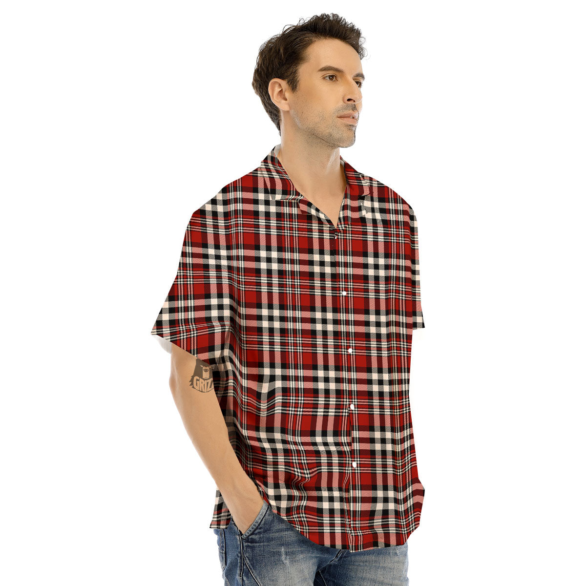 Border Tartan Red Black And White Print Pattern Men's Hawaiian Shirt-grizzshop