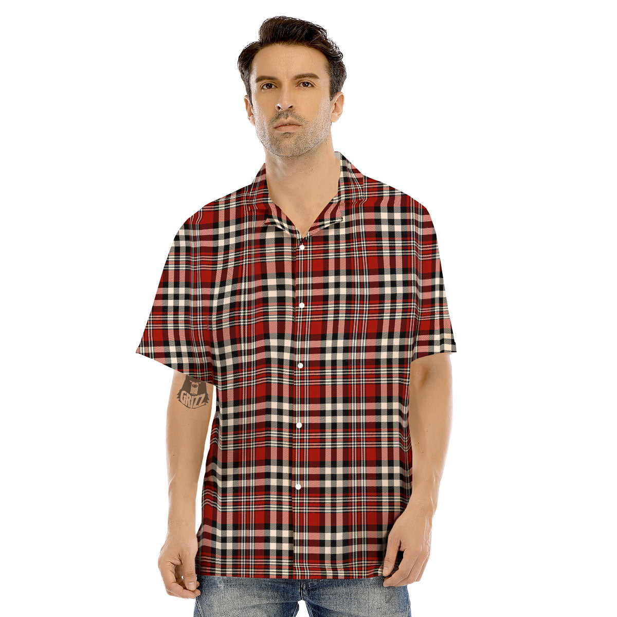 Border Tartan Red Black And White Print Pattern Men's Hawaiian Shirt-grizzshop