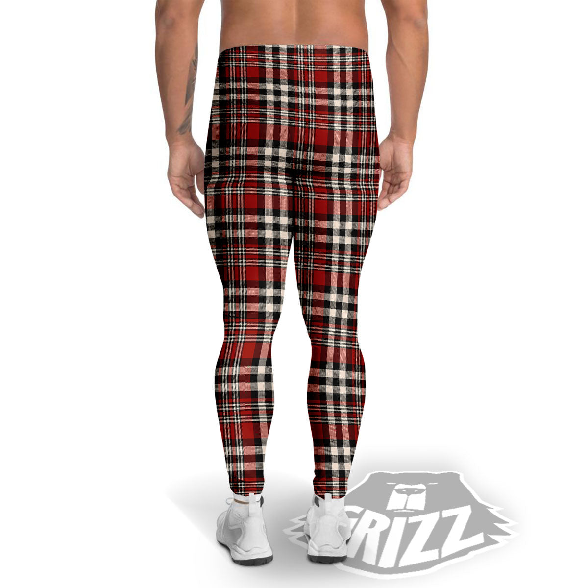 Border Tartan Red Black And White Print Pattern Men's Leggings-grizzshop