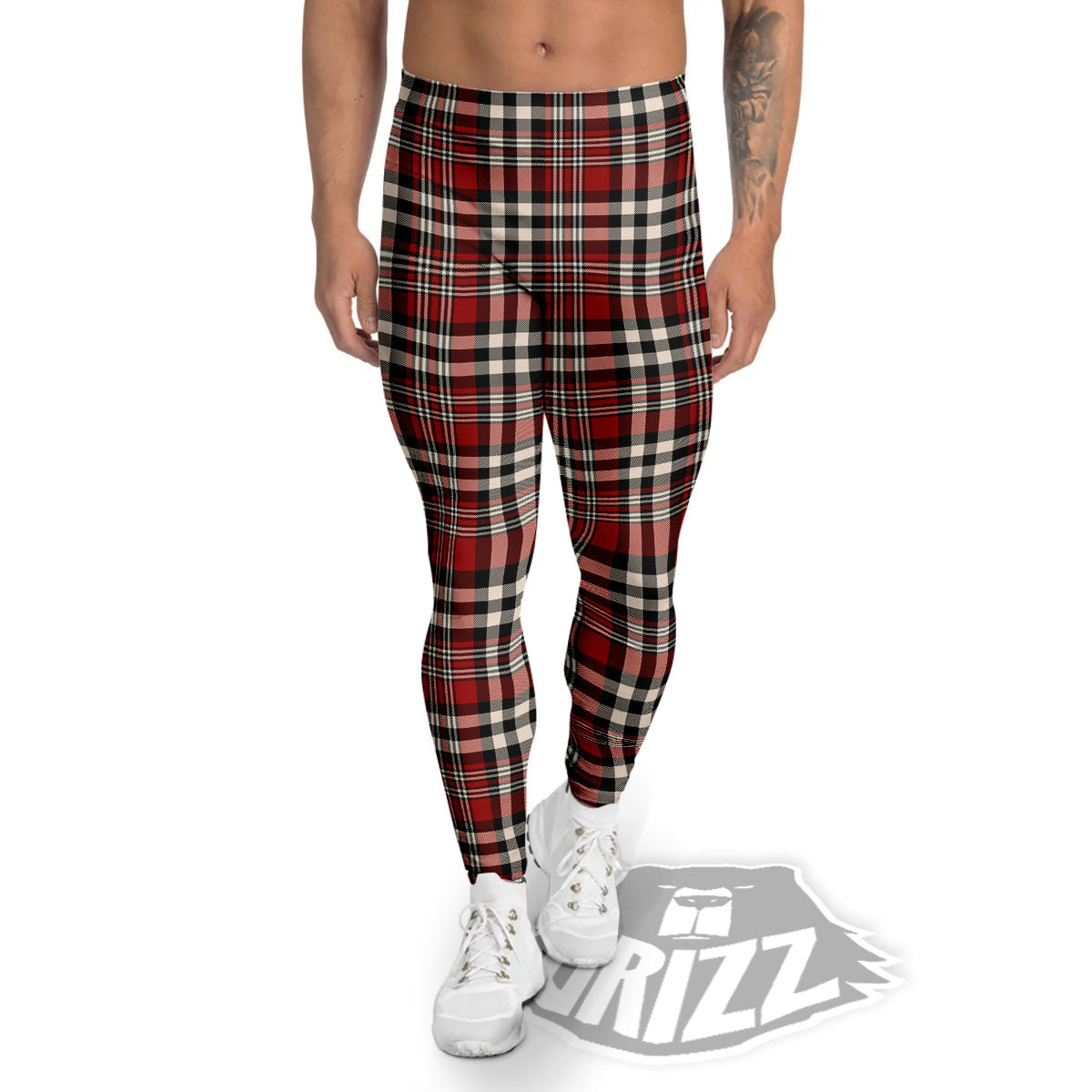 Border Tartan Red Black And White Print Pattern Men's Leggings-grizzshop