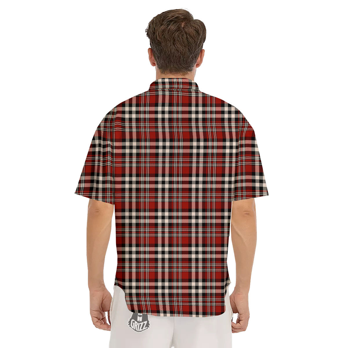 Border Tartan Red Black And White Print Pattern Men's Short Sleeve Shirts-grizzshop