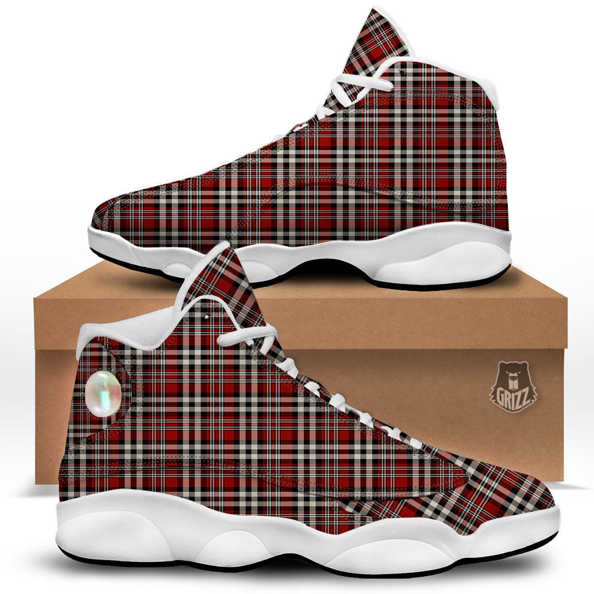 Border Tartan Red Black And White Print Pattern White Basketball Shoes-grizzshop