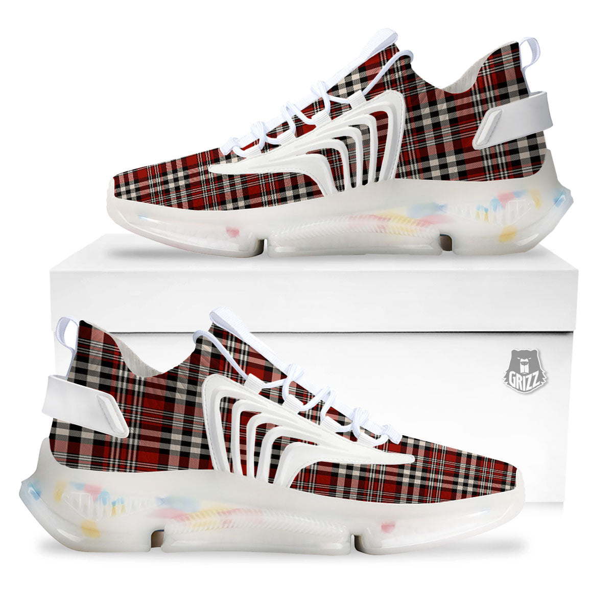Border Tartan Red Black And White Print Pattern White Gym Shoes-grizzshop