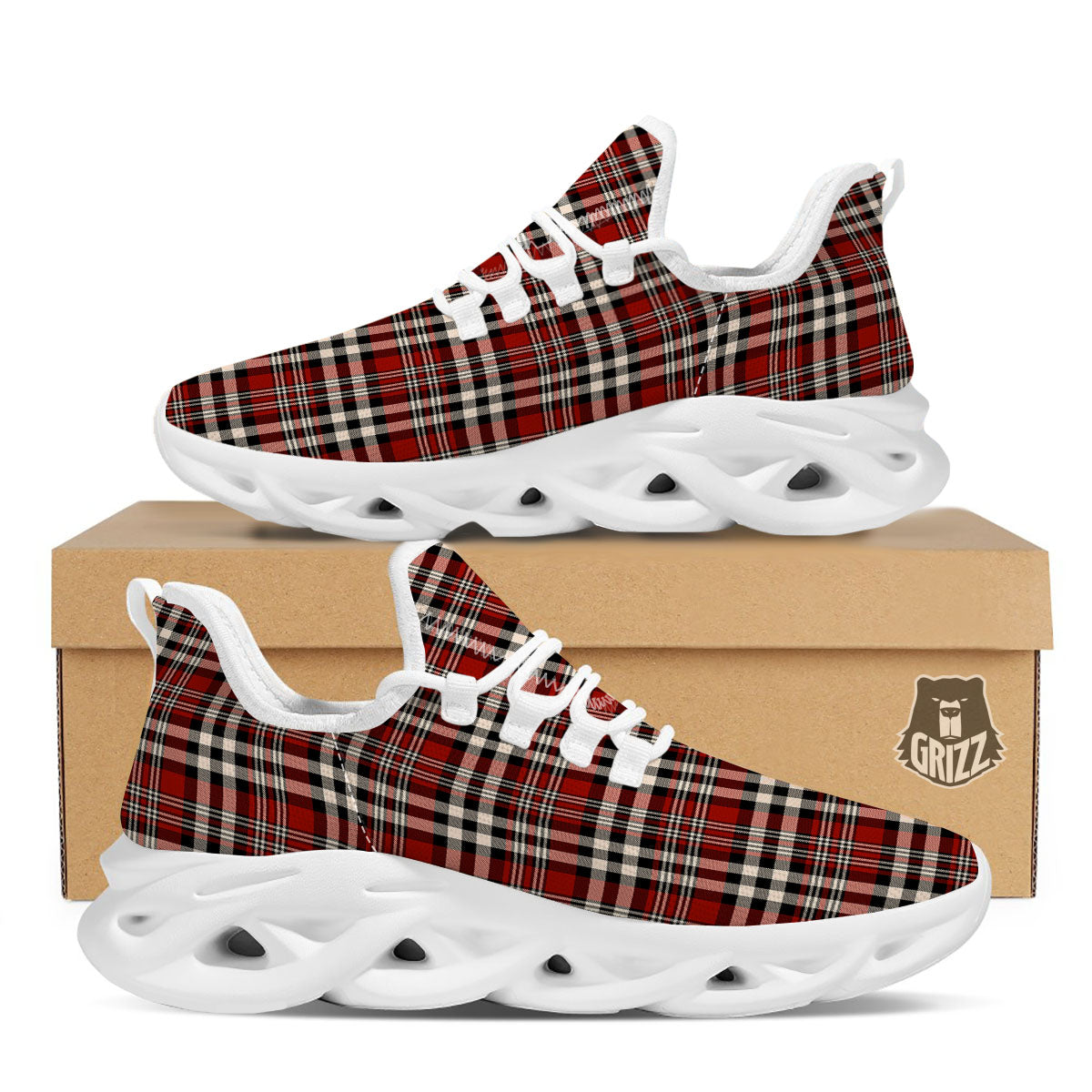 Border Tartan Red Black And White Print Pattern White Running Shoes-grizzshop