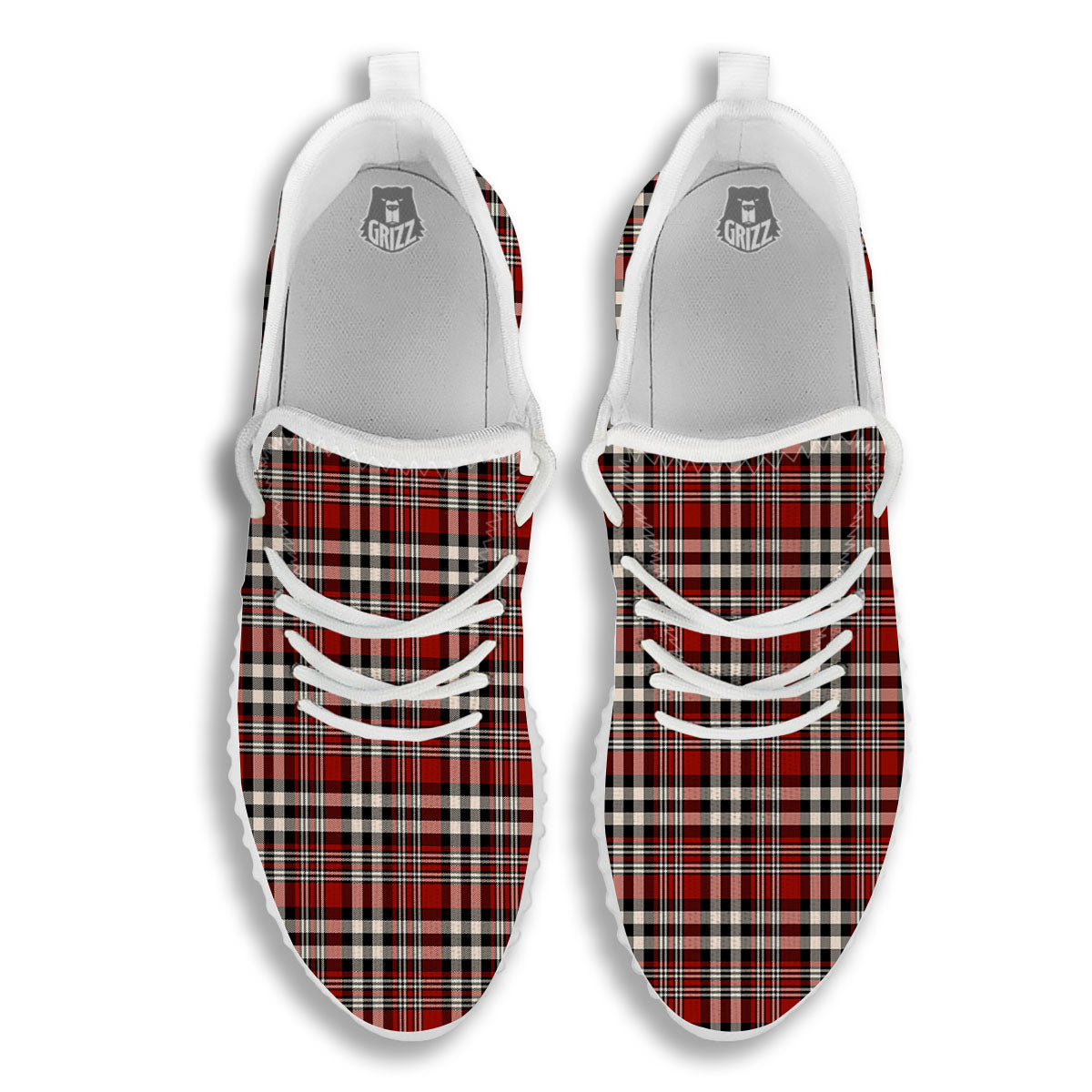 Border Tartan Red Black And White Print Pattern White Walking Shoes-grizzshop