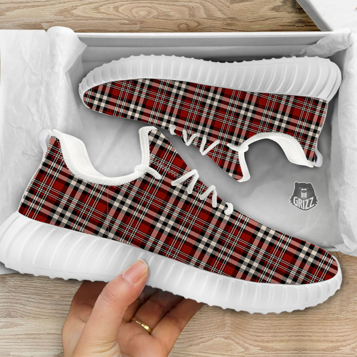 Border Tartan Red Black And White Print Pattern White Walking Shoes-grizzshop