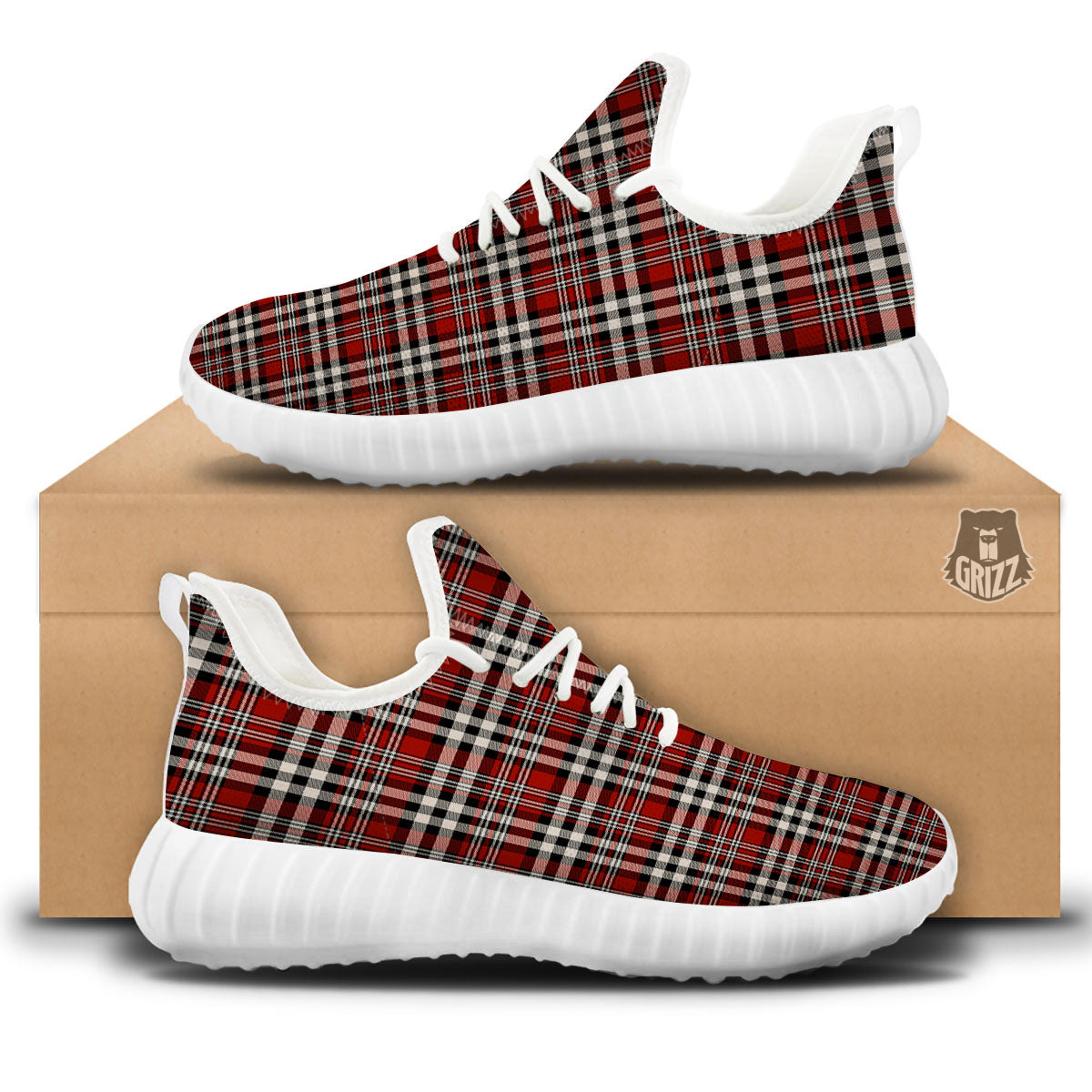 Border Tartan Red Black And White Print Pattern White Walking Shoes-grizzshop