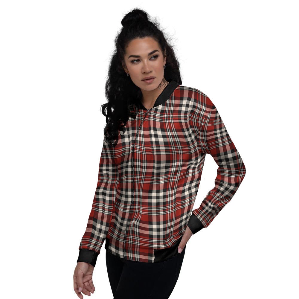 Border Tartan Red Black And White Print Pattern Women's Bomber Jacket-grizzshop