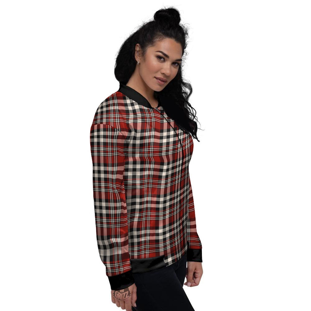 Border Tartan Red Black And White Print Pattern Women's Bomber Jacket-grizzshop