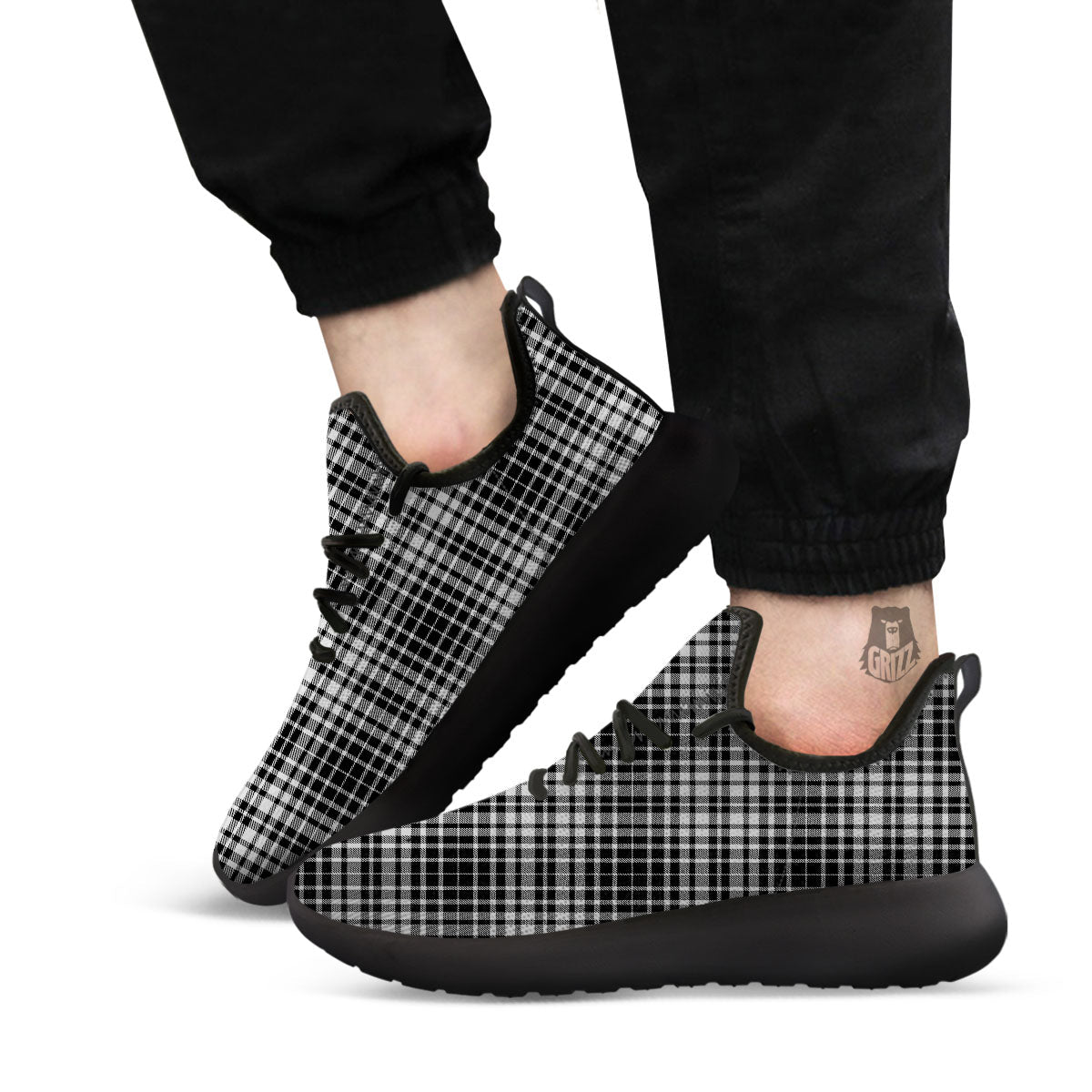 Border Tartan White And Black Print Black Athletic Shoes-grizzshop