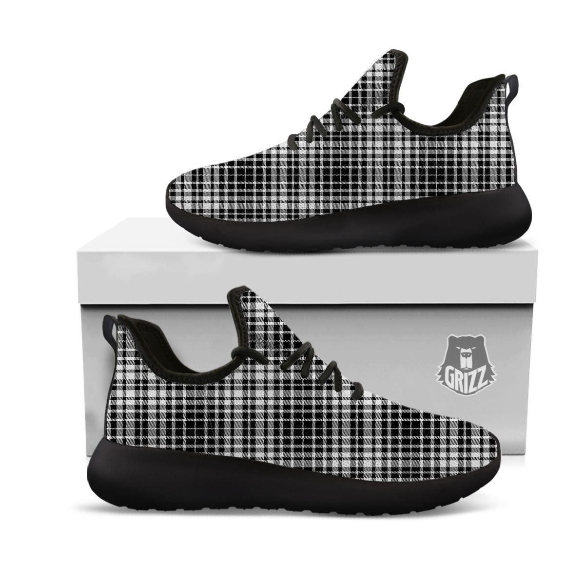 Border Tartan White And Black Print Black Athletic Shoes-grizzshop