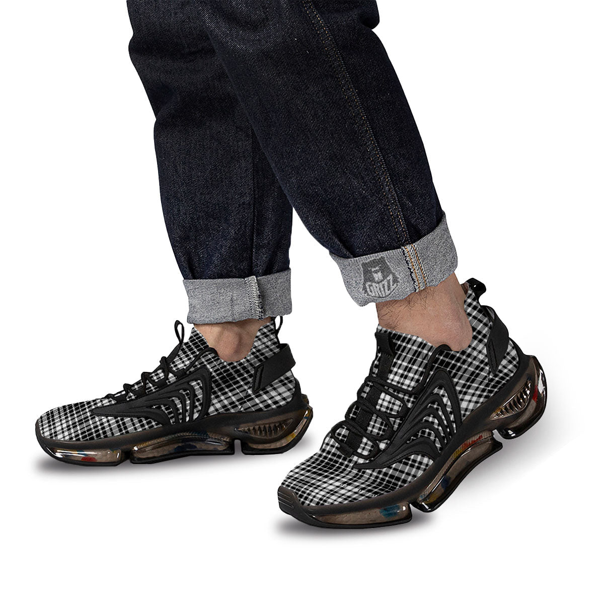 Border Tartan White And Black Print Black Gym Shoes-grizzshop