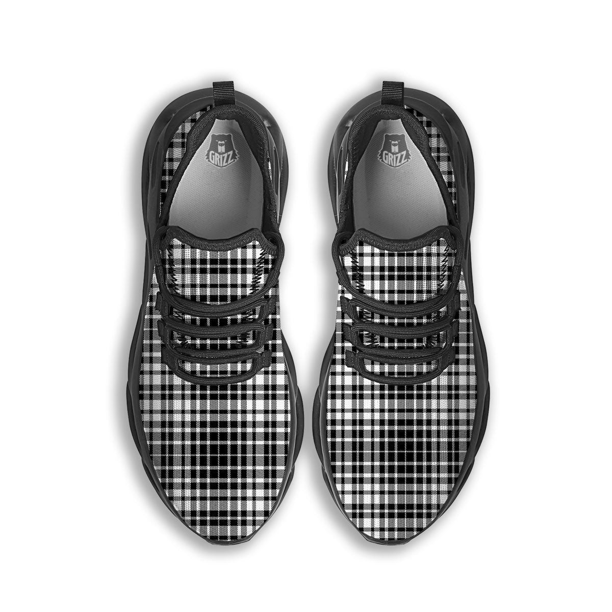 Border Tartan White And Black Print Black Running Shoes-grizzshop