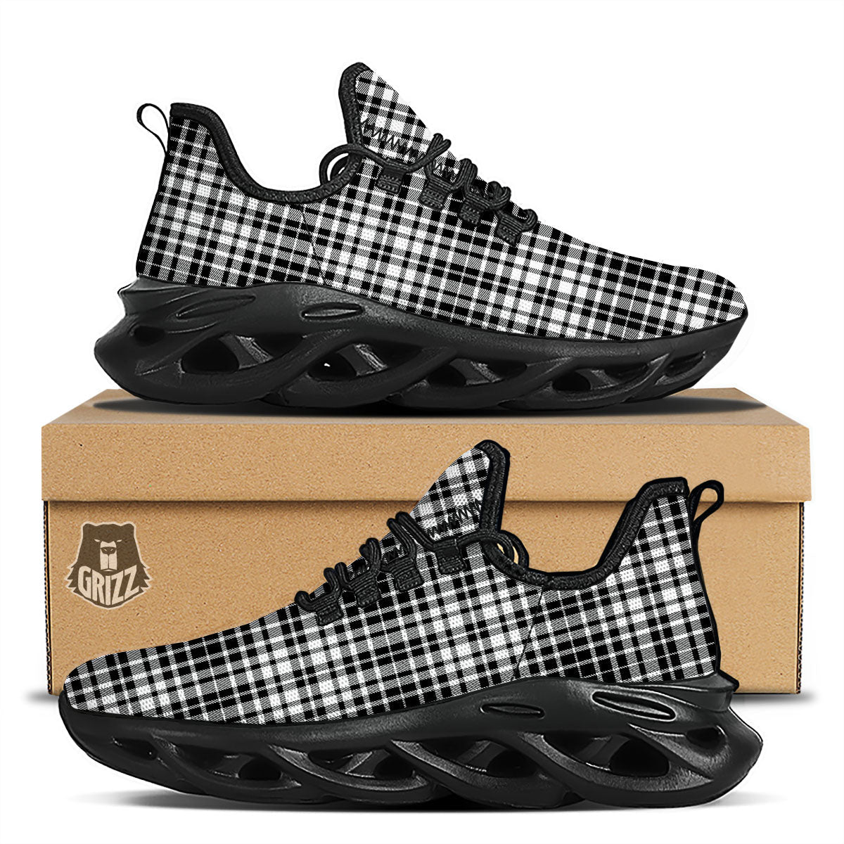 Border Tartan White And Black Print Black Running Shoes-grizzshop