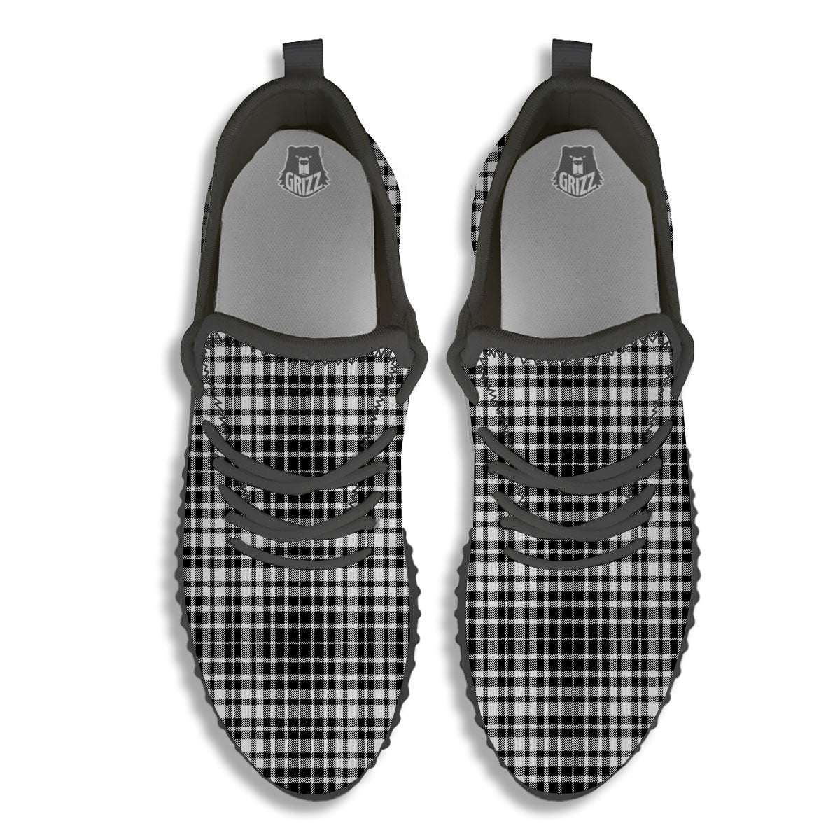 Border Tartan White And Black Print Black Walking Shoes-grizzshop