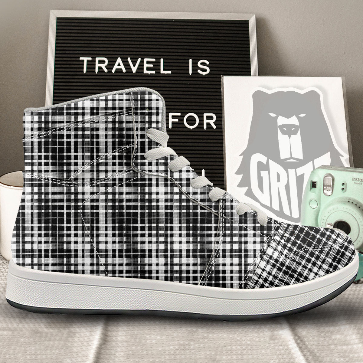Border Tartan White And Black Print High Top Sneakers-grizzshop