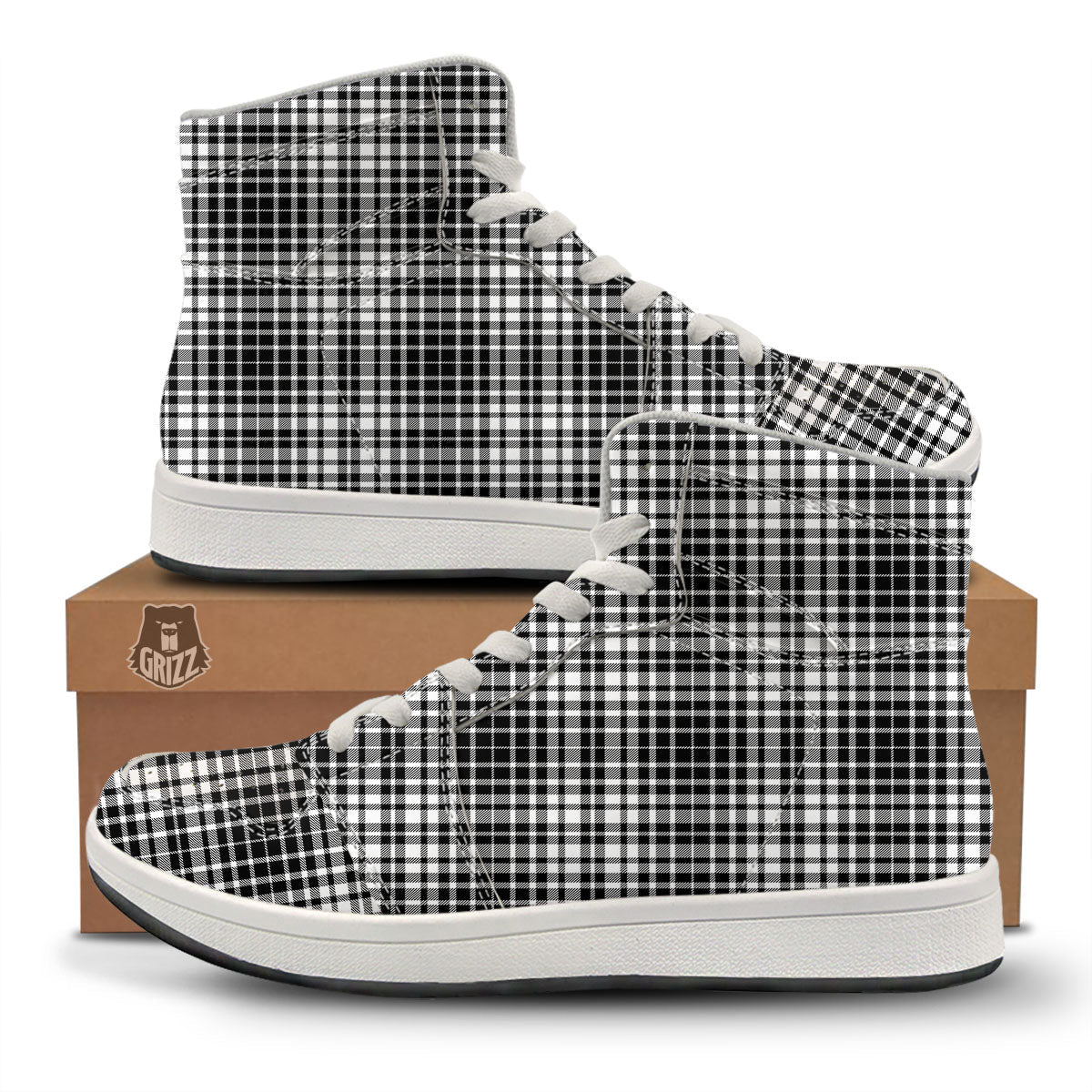 Border Tartan White And Black Print High Top Sneakers-grizzshop
