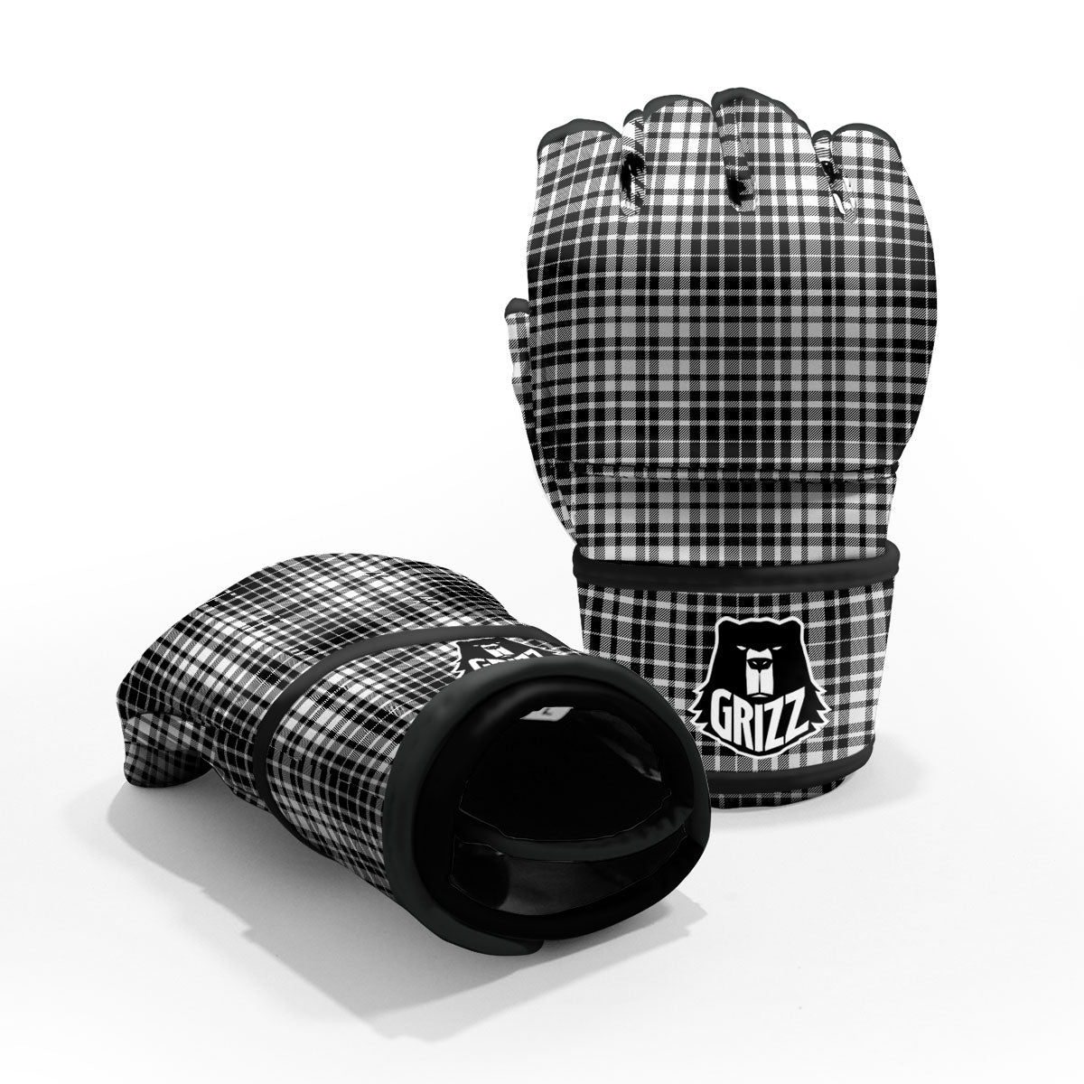 Border Tartan White And Black Print MMA Gloves-grizzshop