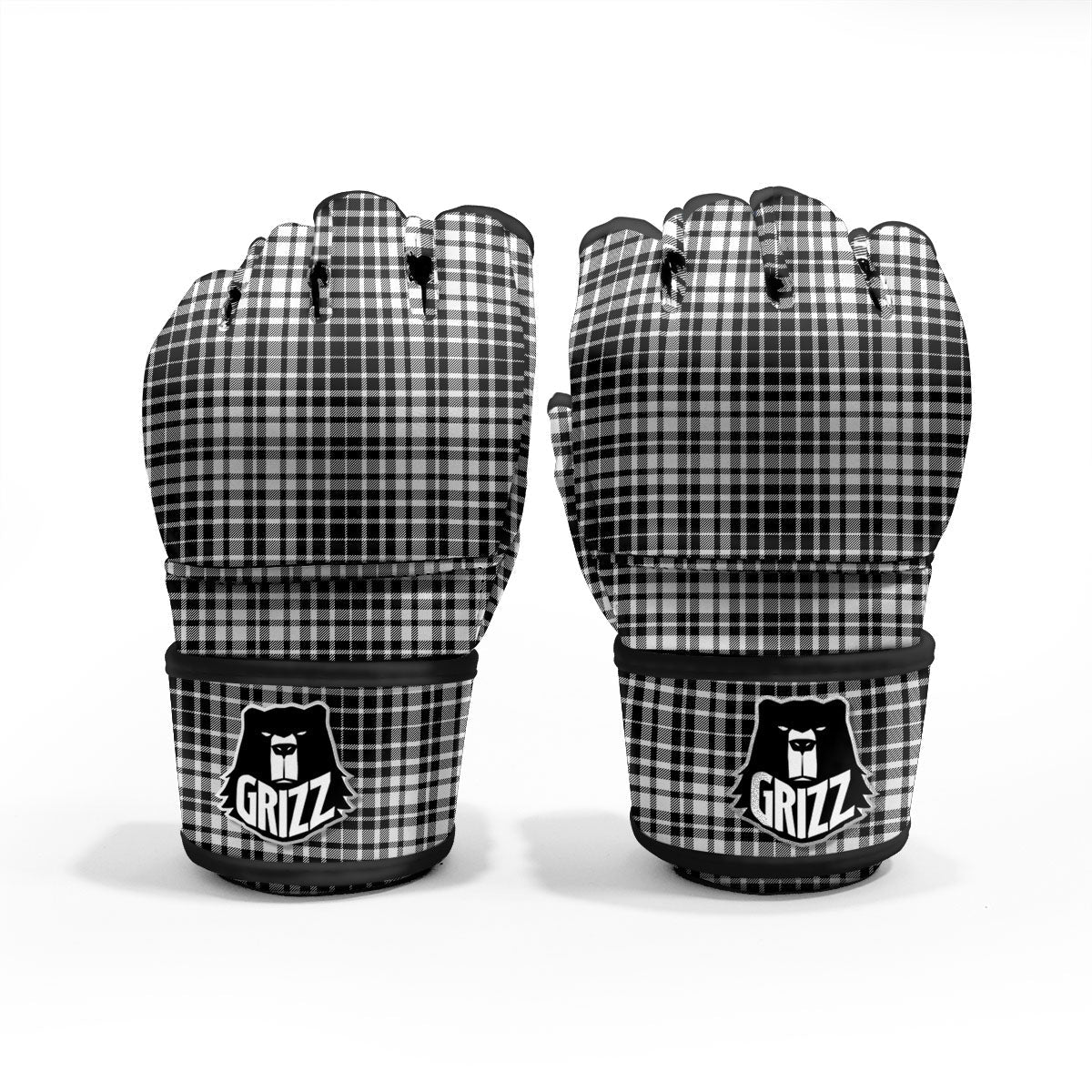 Border Tartan White And Black Print MMA Gloves-grizzshop