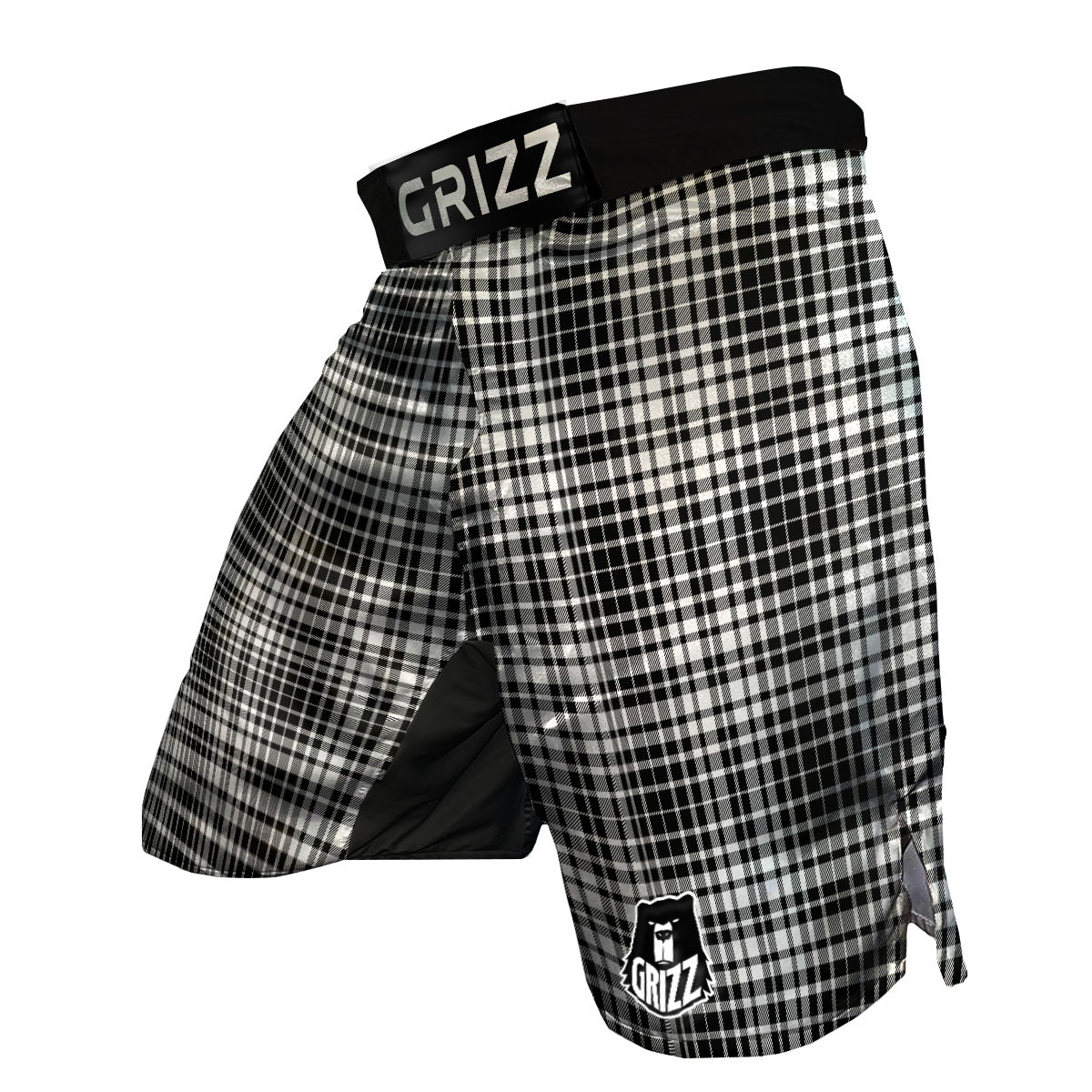 Border Tartan White And Black Print MMA Shorts-grizzshop
