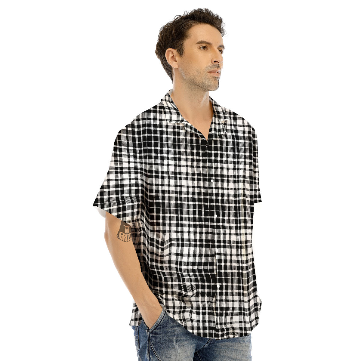 Border Tartan White And Black Print Men's Hawaiian Shirt-grizzshop