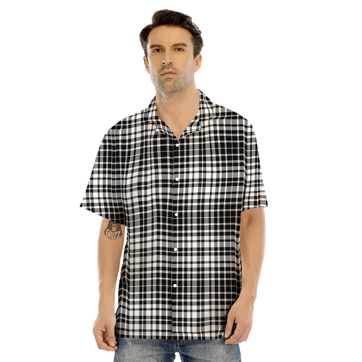 Border Tartan White And Black Print Men's Hawaiian Shirt-grizzshop