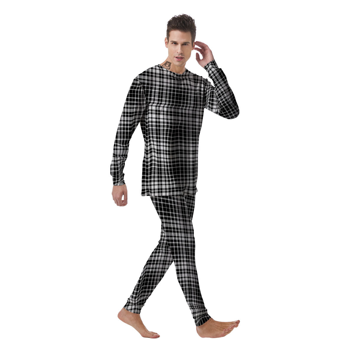 Border Tartan White And Black Print Men's Pajamas-grizzshop