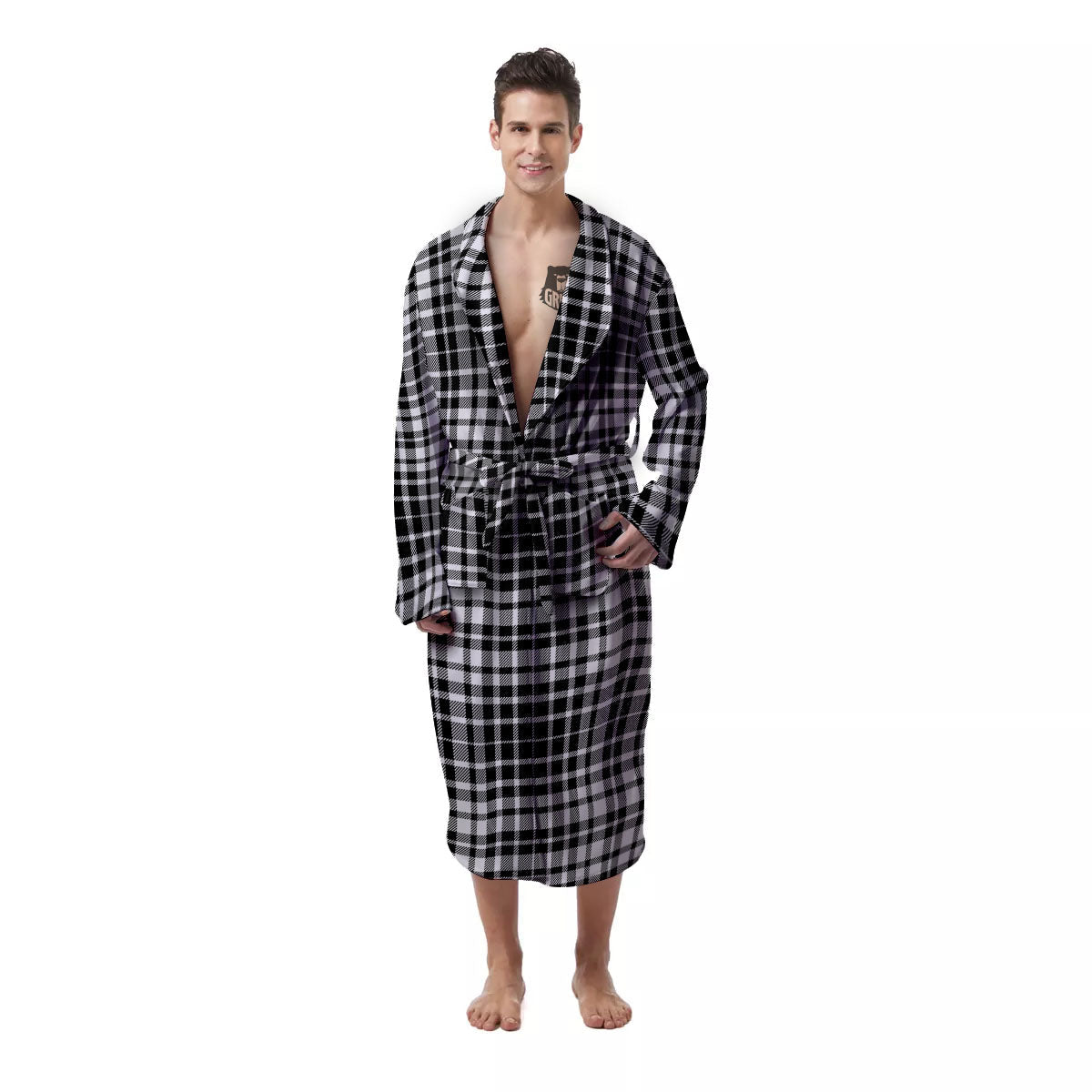 Border Tartan White And Black Print Men's Robe-grizzshop
