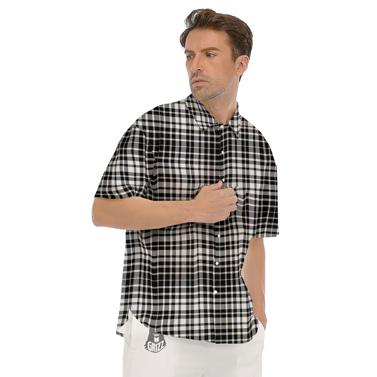 Border Tartan White And Black Print Men's Short Sleeve Shirts-grizzshop