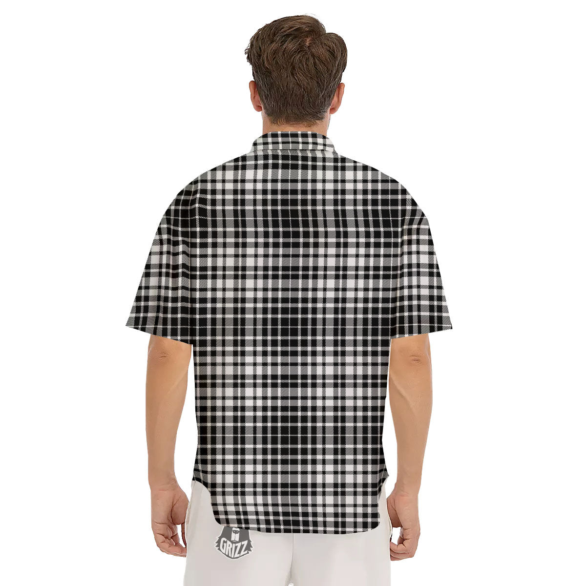 Border Tartan White And Black Print Men's Short Sleeve Shirts-grizzshop