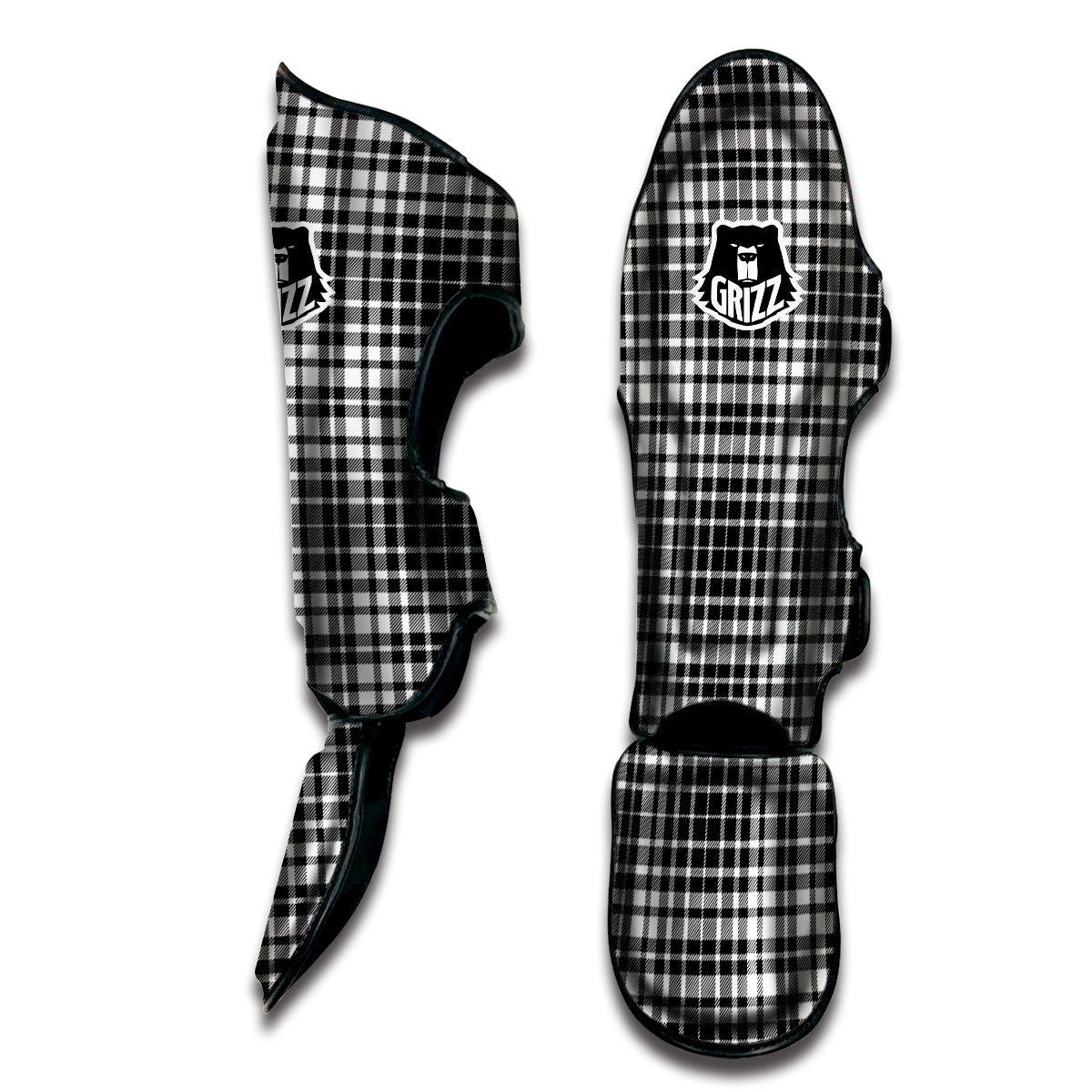 Border Tartan White And Black Print Muay Thai Shin Guards-grizzshop