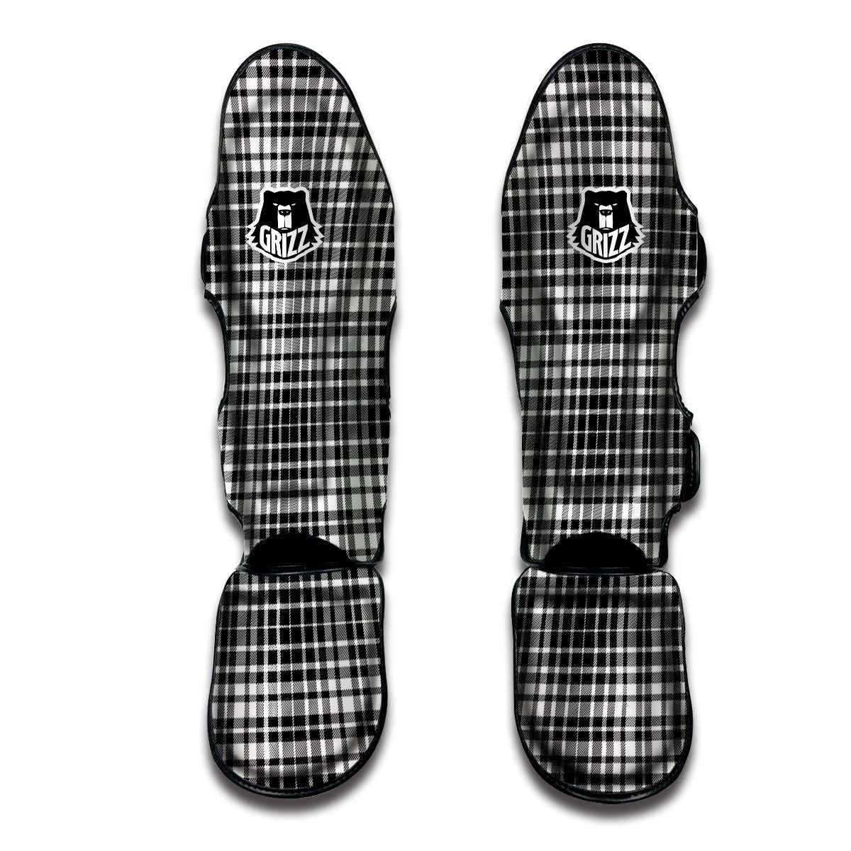 Border Tartan White And Black Print Muay Thai Shin Guards-grizzshop