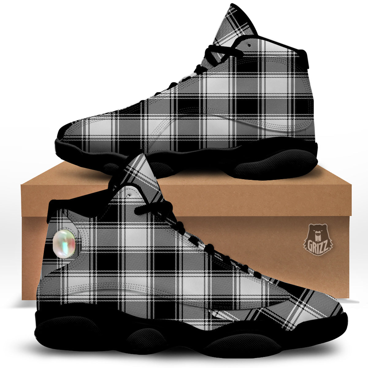 Border Tartan White And Black Print Pattern Black Basketball Shoes-grizzshop