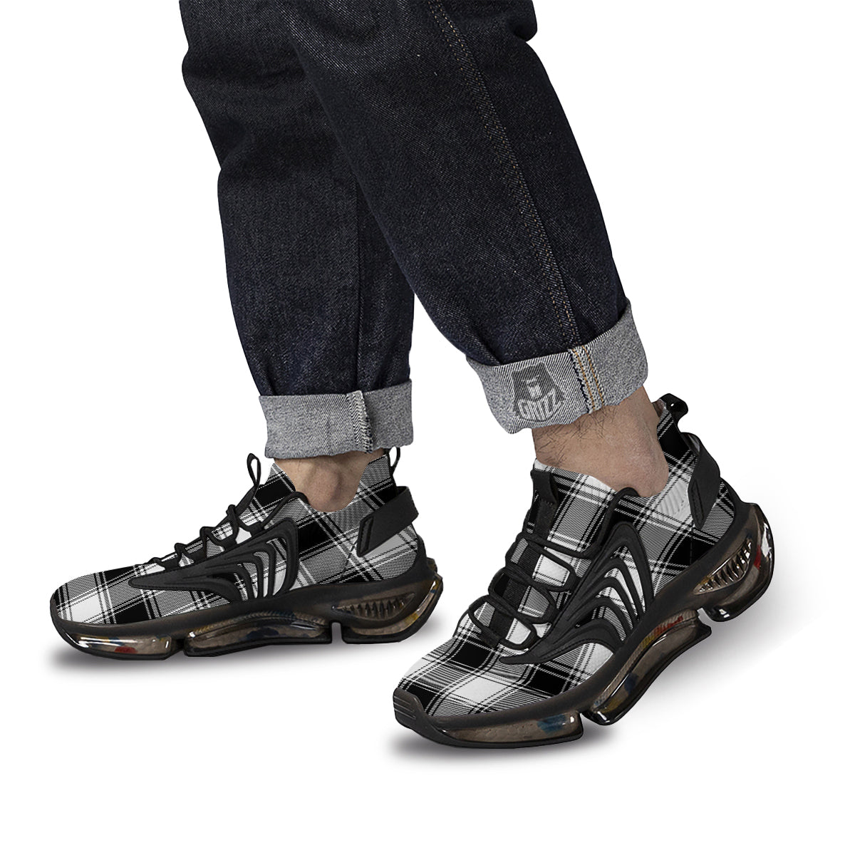 Border Tartan White And Black Print Pattern Black Gym Shoes-grizzshop