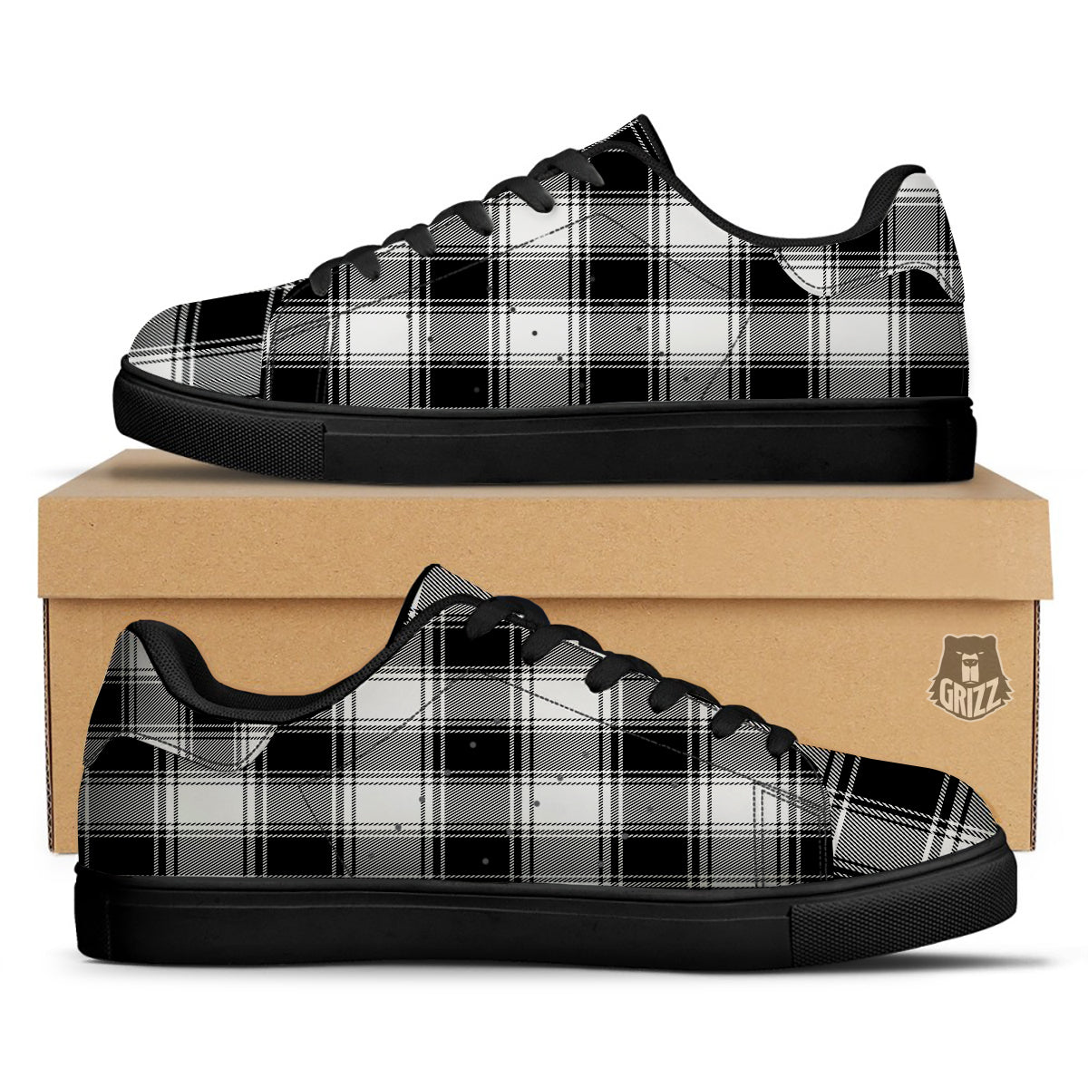 Border Tartan White And Black Print Pattern Black Low Top Sneakers-grizzshop