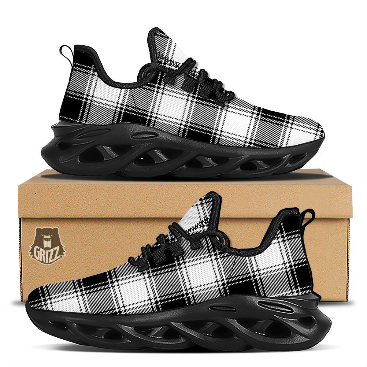 Border Tartan White And Black Print Pattern Black Running Shoes-grizzshop
