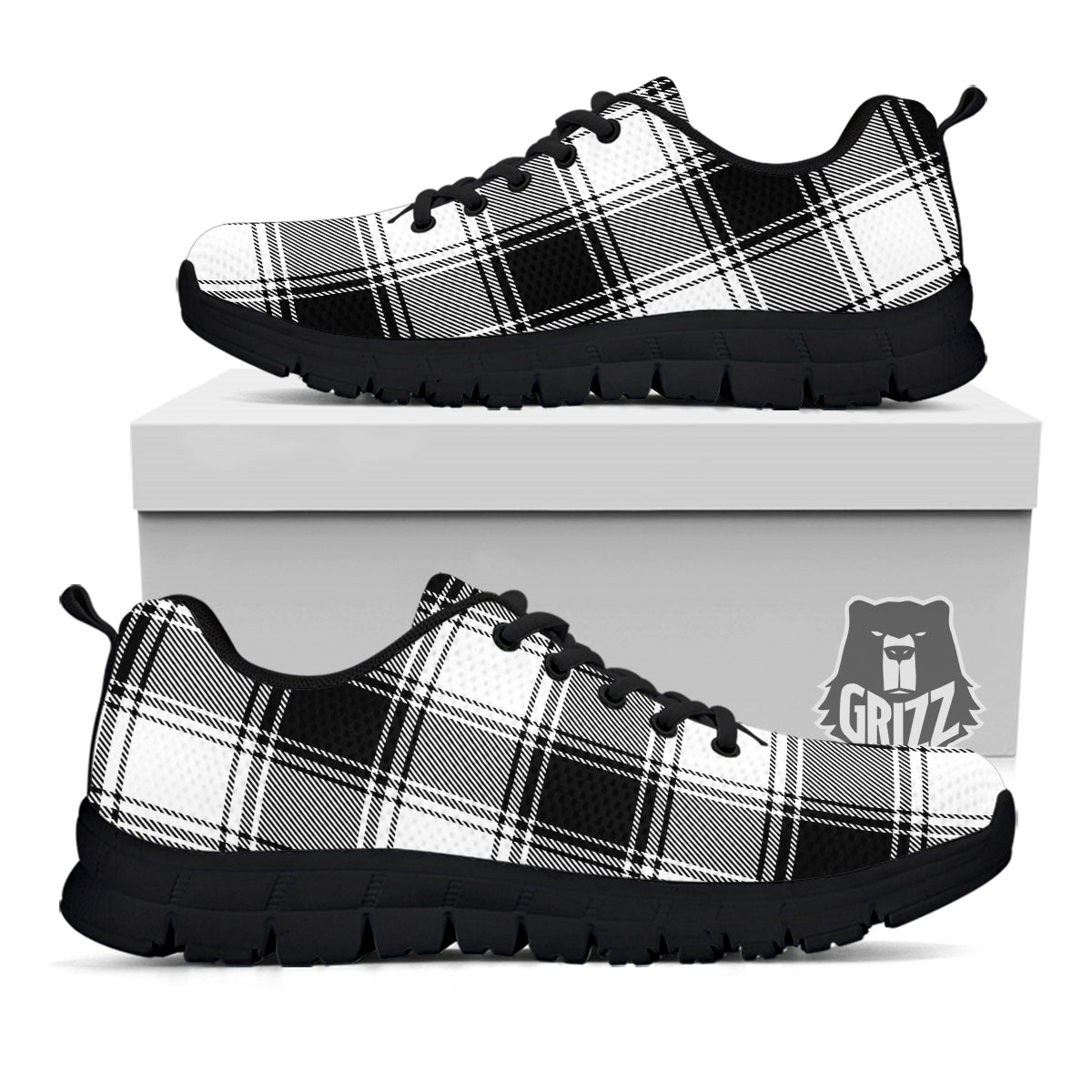 Border Tartan White And Black Print Pattern Black Sneaker-grizzshop