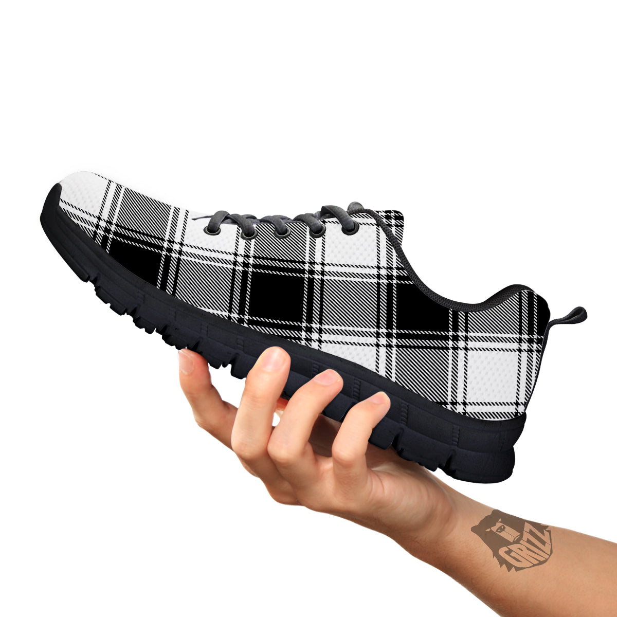 Border Tartan White And Black Print Pattern Black Sneaker-grizzshop