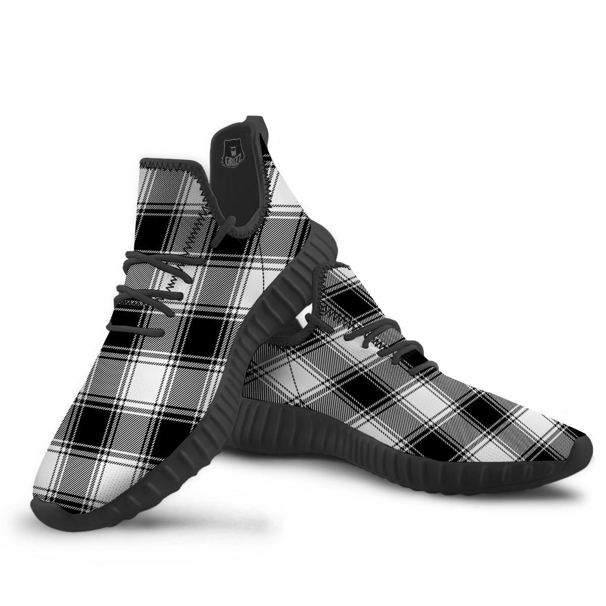 Border Tartan White And Black Print Pattern Black Walking Shoes-grizzshop