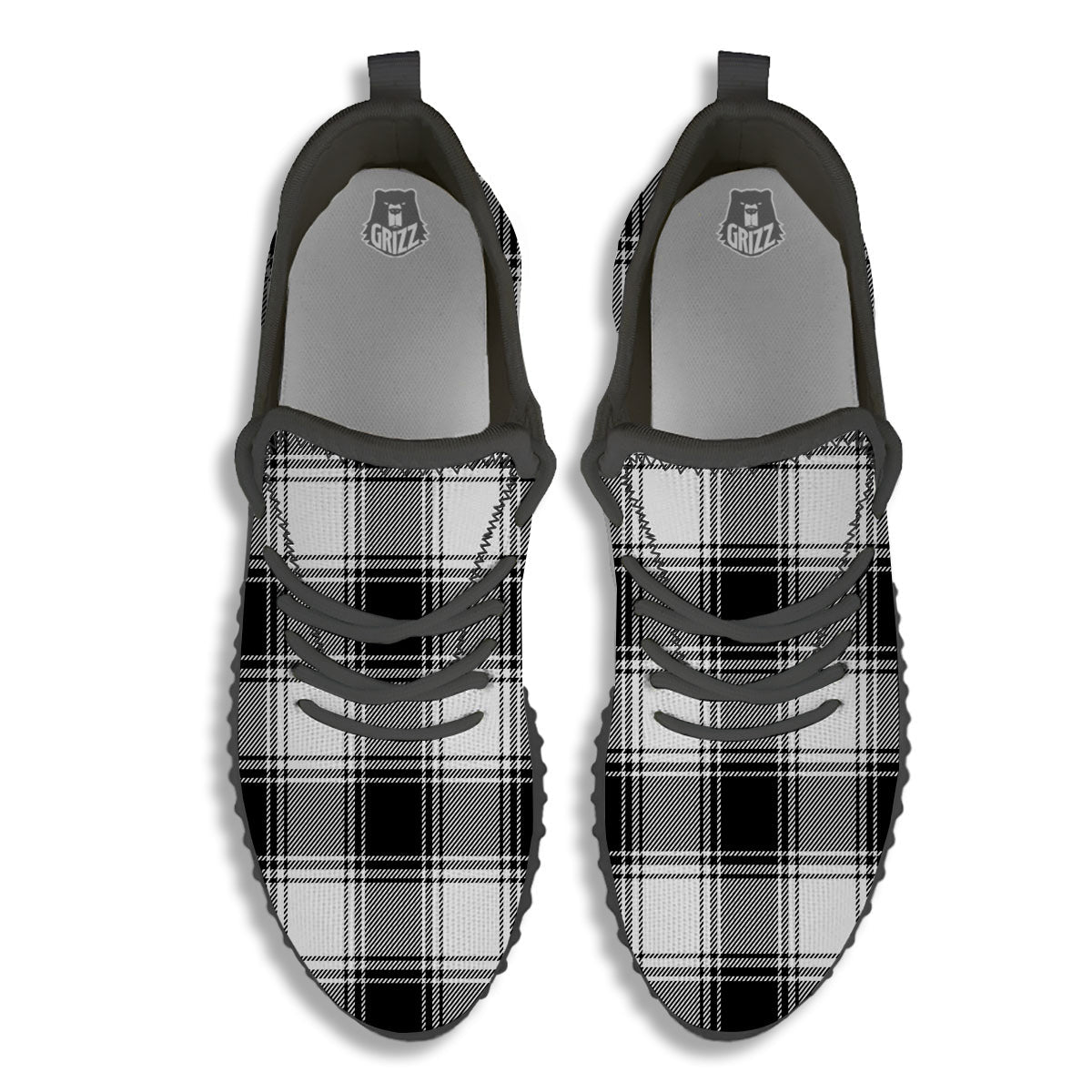 Border Tartan White And Black Print Pattern Black Walking Shoes-grizzshop