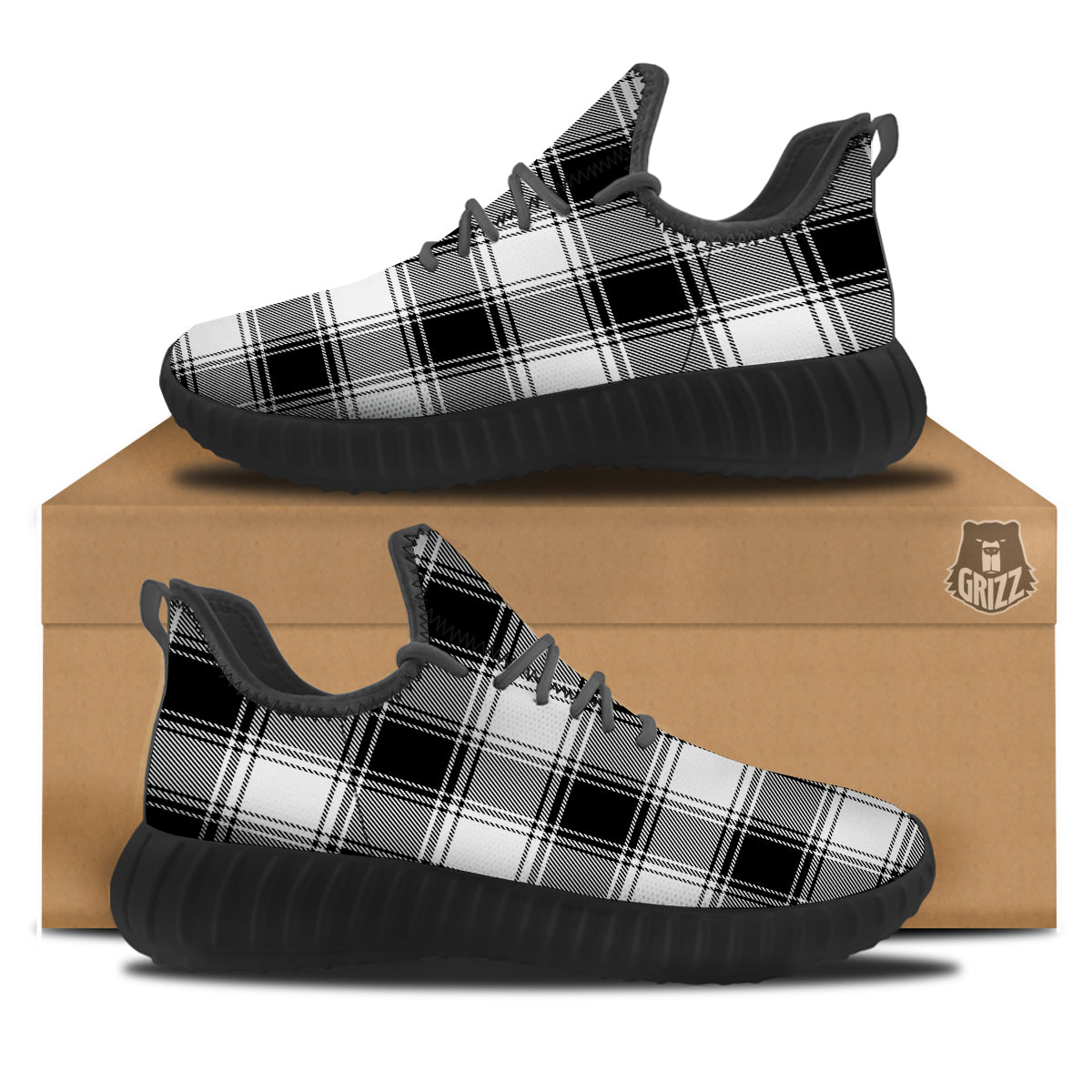 Border Tartan White And Black Print Pattern Black Walking Shoes-grizzshop