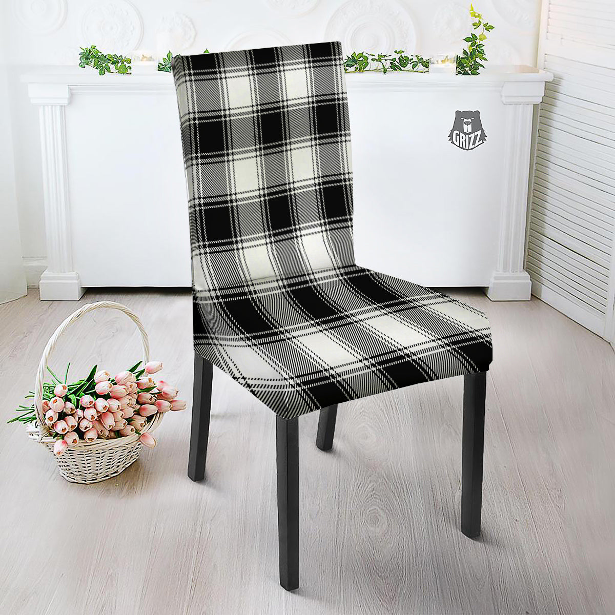 Border Tartan White And Black Print Pattern Dining Chair Slipcover-grizzshop