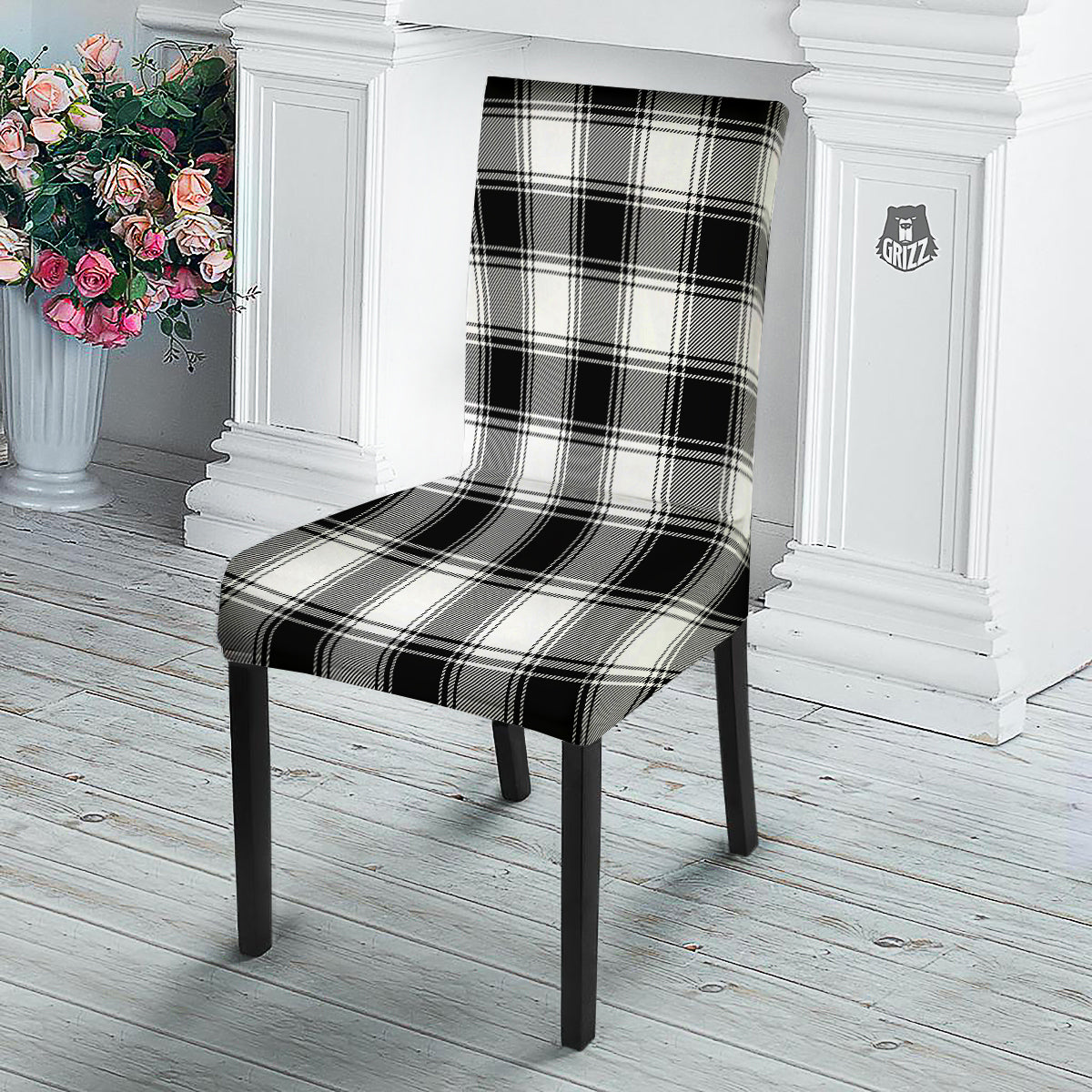 Border Tartan White And Black Print Pattern Dining Chair Slipcover-grizzshop