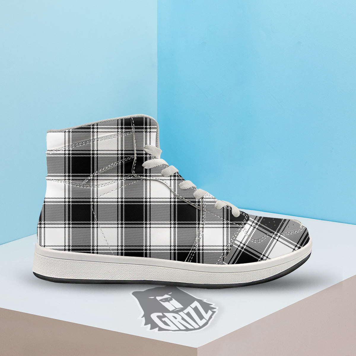 Border Tartan White And Black Print Pattern High Top Sneakers-grizzshop